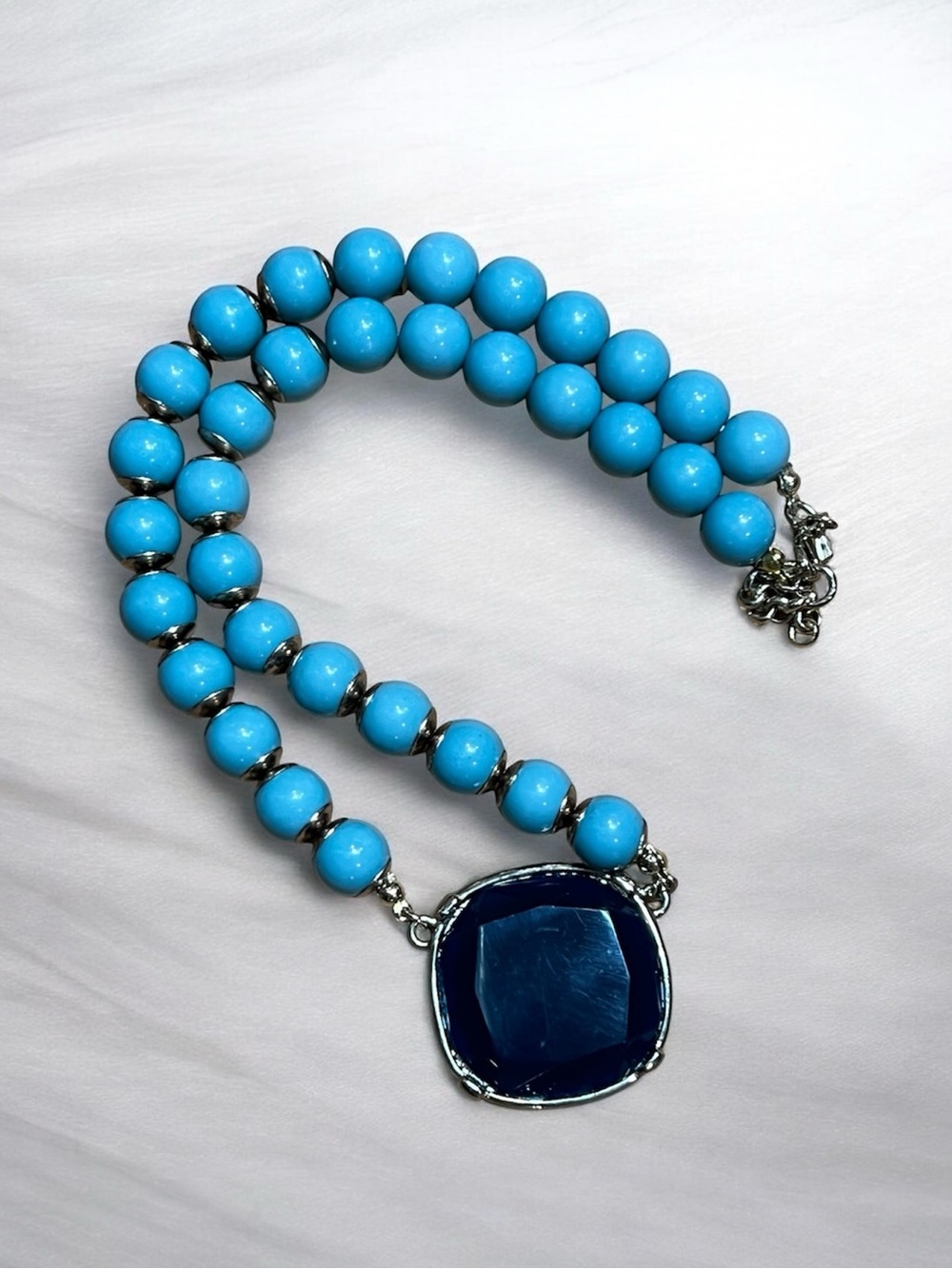 Vintage Banana Republic Turquoise Beaded Necklace with Dark Blue Pendant